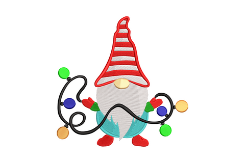 Christmas gnome with striped red hat holding colourful round string lights in red mittens, holiday embroidery design