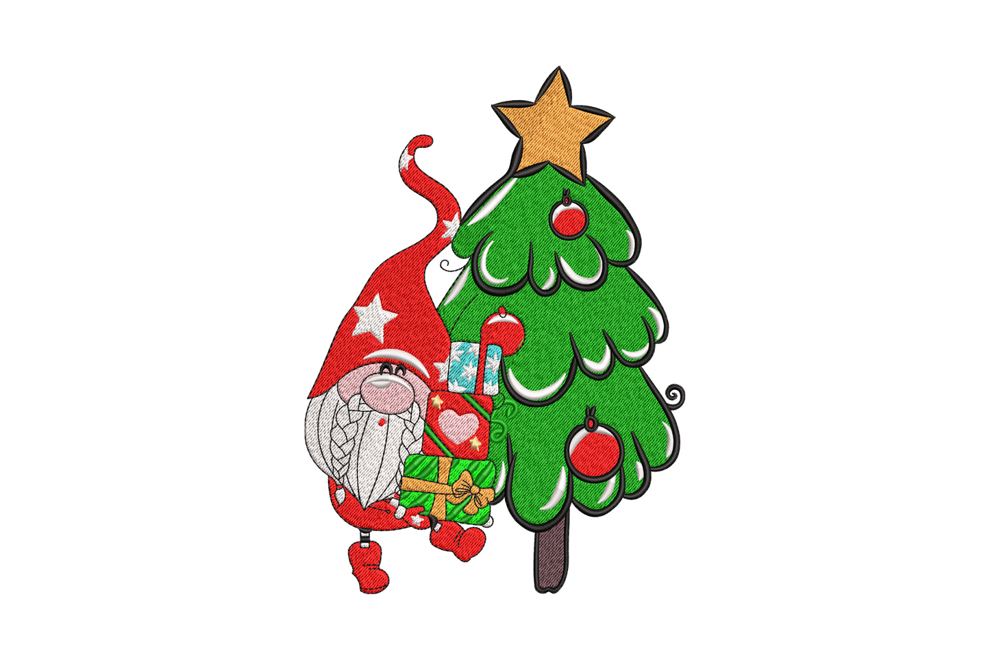 Christmas gnome with tall red hat and grey beard standing beside decorated tree with star and gift boxes embroidery design
