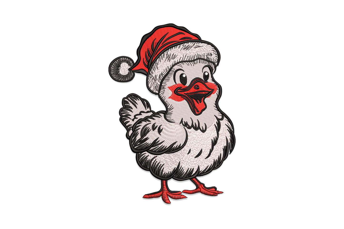 Christmas goose embroidery design, plump crosshatch-filled body, red Santa hat, red-orange beak and feet, one wing raised.