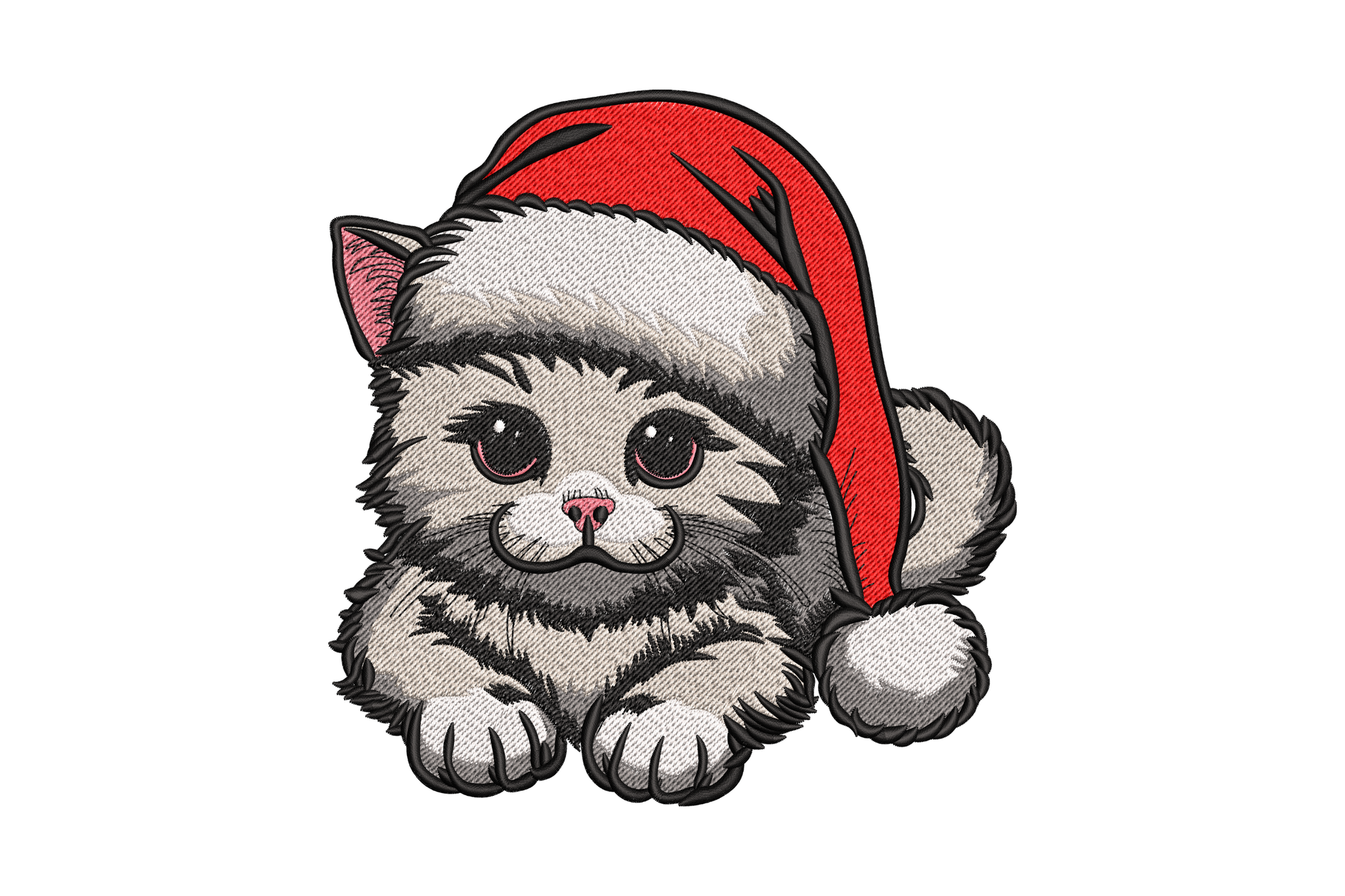 Christmas kitten embroidery design, fluffy grey cat in red Santa hat peeking over ledge, sketch-style fill, 6 colors