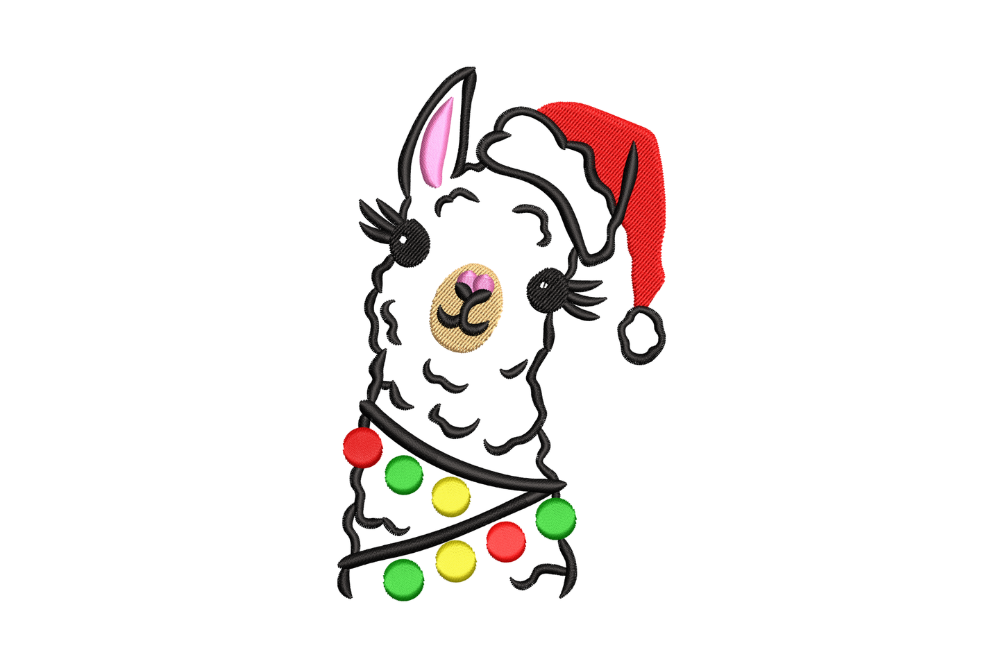 Christmas llama with Santa hat embroidery design, cartoon llama in fluffy white coat with tilted red santa hat, 6 colours, 4 sizes