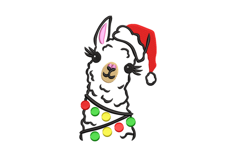 Christmas llama with Santa hat embroidery design, cartoon llama in fluffy white coat with tilted red santa hat, 6 colours, 4 sizes