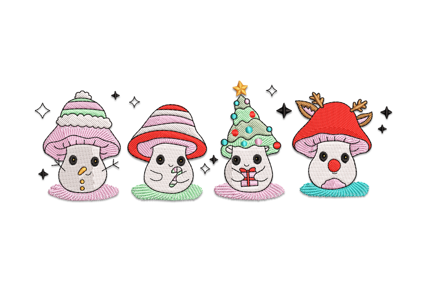 Cute Christmas mushroom friends embroidery with kawaii characters in festive hats, red polka dot caps and happy faces in a 9-colour design