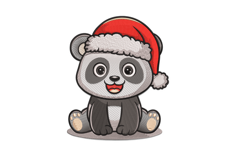 Machine embroidery design of a cartoon panda in a red Santa hat, wide-eyed grin, sketchy cross-hatch fill in 8 colours.