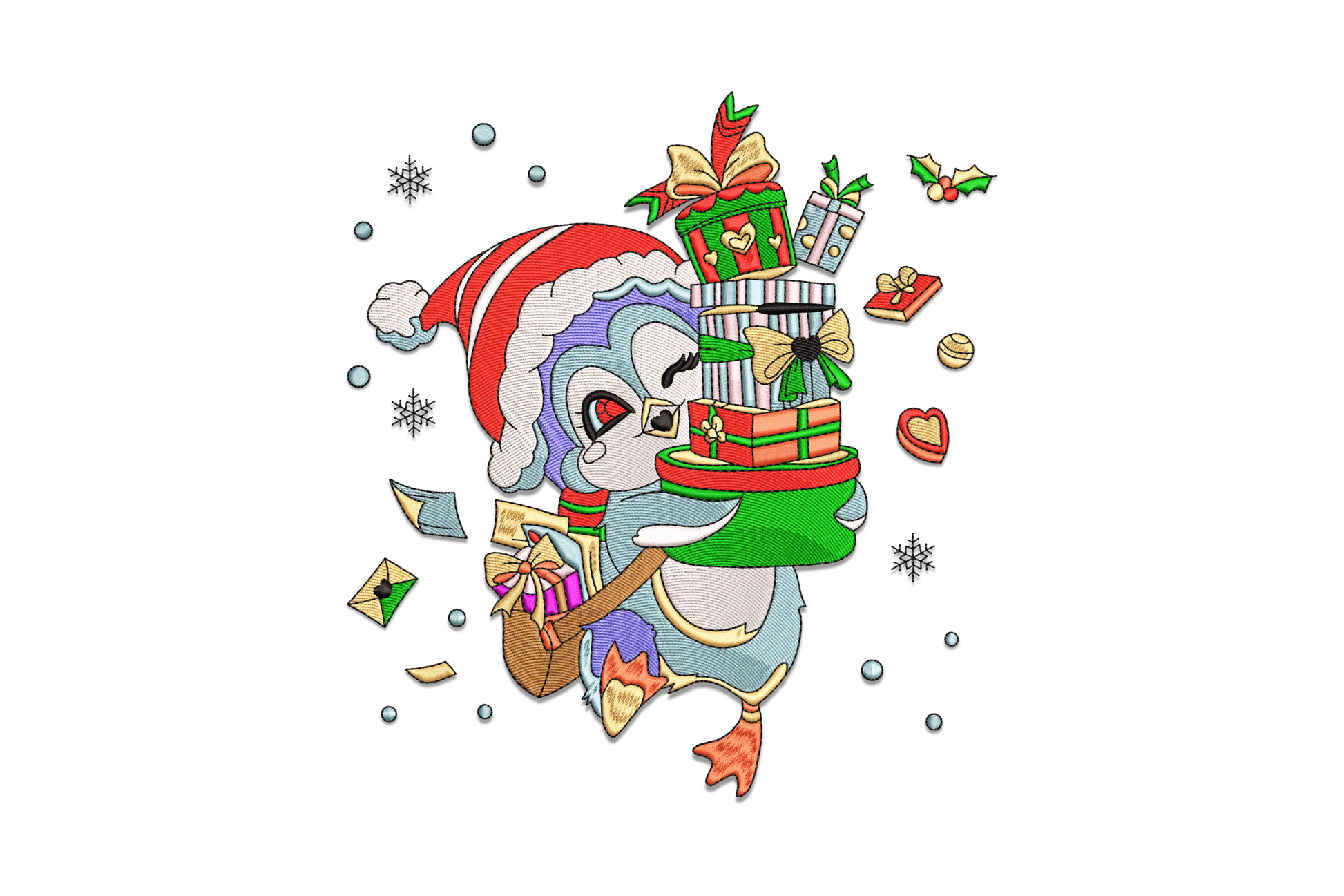 Christmas penguin in Santa hat carrying wrapped gift boxes, chubby cartoon embroidery in black, white and red.