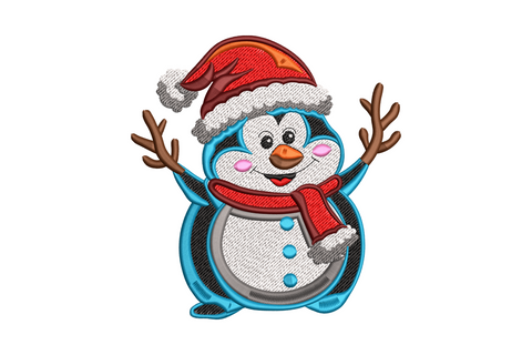 Chubby cartoon penguin in a red santa hat and green-red striped scarf, cute holiday embroidery for kids and christmas.