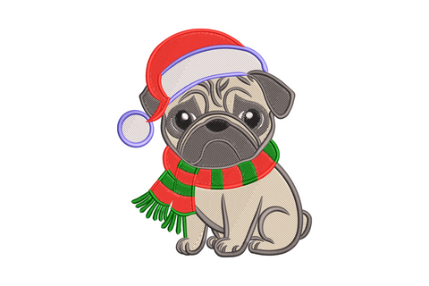 Christmas pug embroidery design, seated pug in red Santa hat and striped scarf, sketch fill style, 7 colors