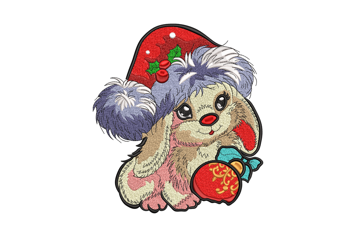 Cute christmas puppy embroidery, round-faced dog popping from a red gift box with a gold bow and santa hat, 12 colours.