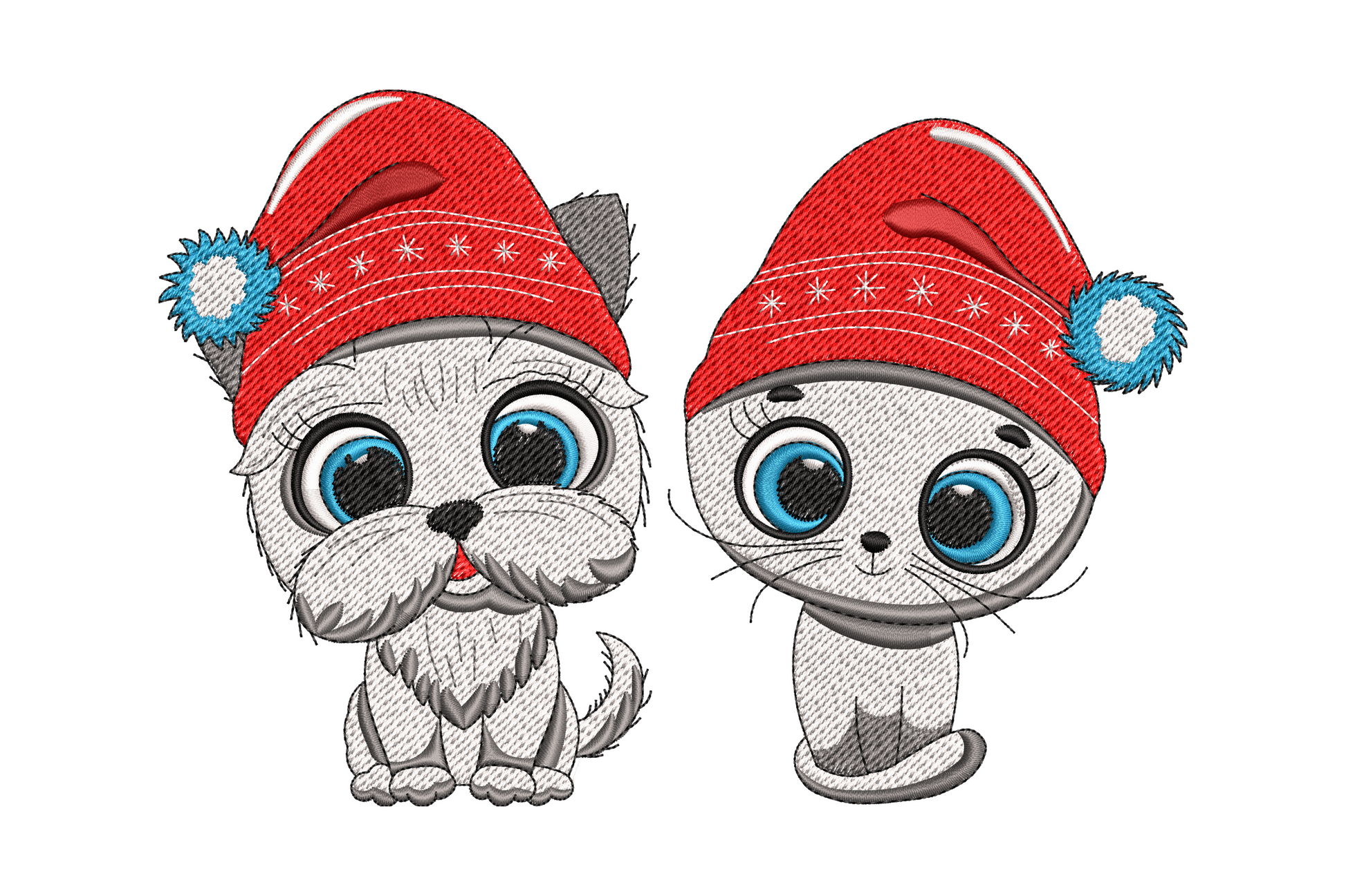 Christmas puppy and kitten embroidery, fluffy grey dog and cat in matching red santa hats, blue eyes, 6 colours, 5 sizes