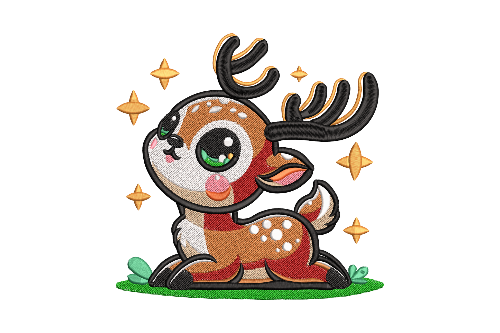 Kawaii baby reindeer embroidery design sitting in green grass with sparkle stars, cute christmas cartoon, 6 sizes 10 colours