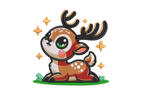 Kawaii baby reindeer embroidery design sitting in green grass with sparkle stars, cute christmas cartoon, 6 sizes 10 colours