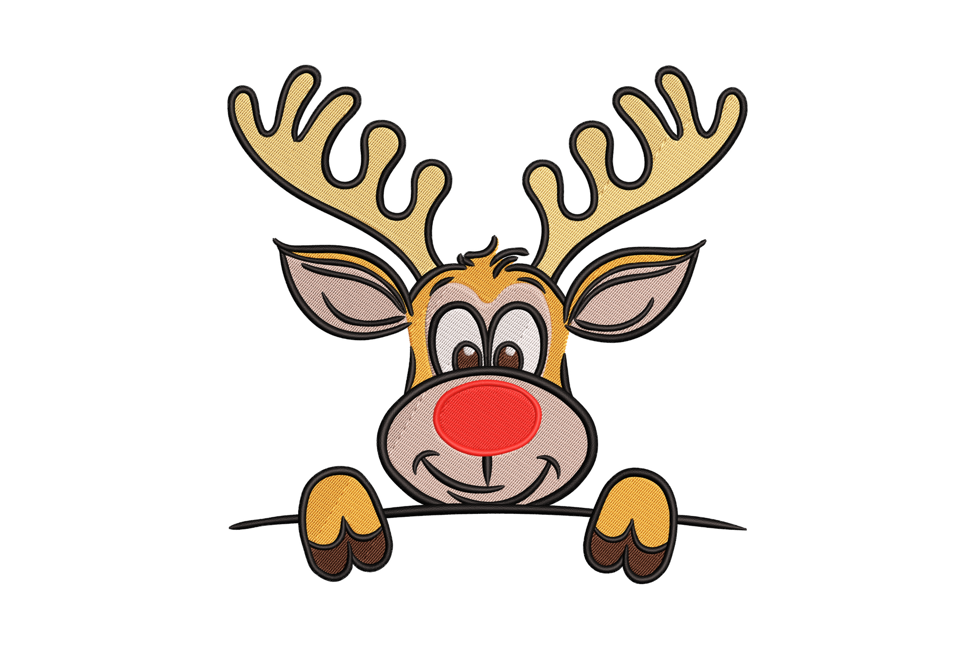 Cute Christmas reindeer face embroidery design with big eyes, red nose, and orange antlers, peeking over a ledge