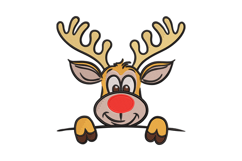 Cute Christmas reindeer face embroidery design with big eyes, red nose, and orange antlers, peeking over a ledge