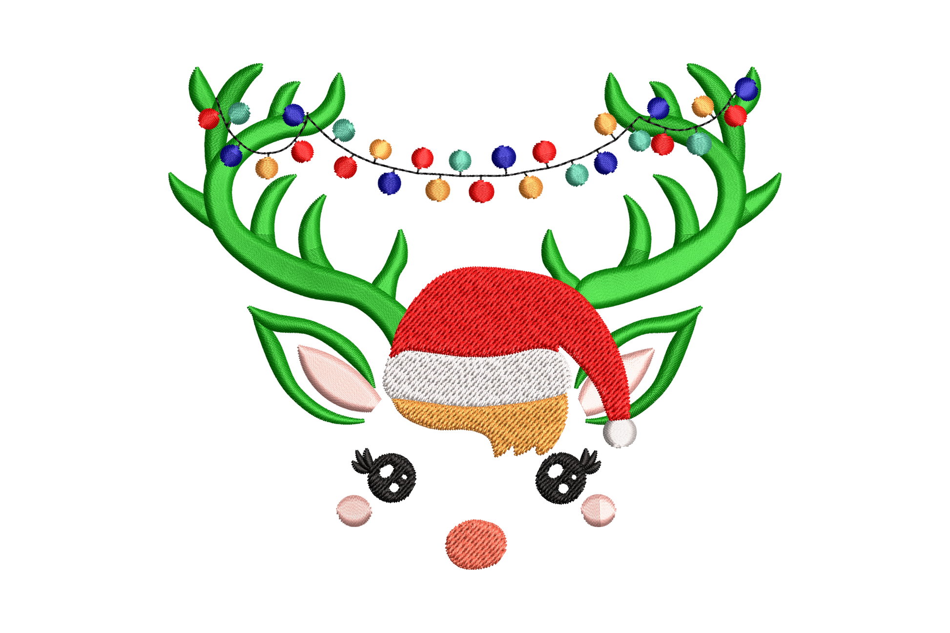 Kawaii Christmas reindeer face embroidery with green antlers, Santa hat and multicolour string lights draping across, 10 colour festive design