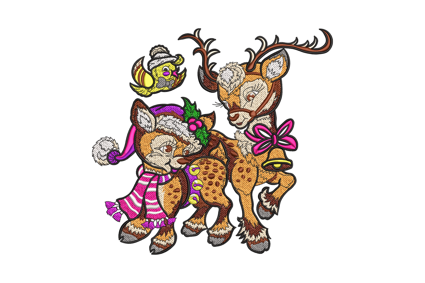 Cute christmas reindeer embroidery, detailed face portrait with wide antlers, tartan scarf, holly sprig and large expressive chibi eyes in 12 colours.