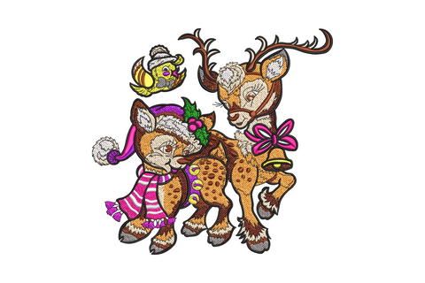 Cute christmas reindeer embroidery, detailed face portrait with wide antlers, tartan scarf, holly sprig and large expressive chibi eyes in 12 colours.