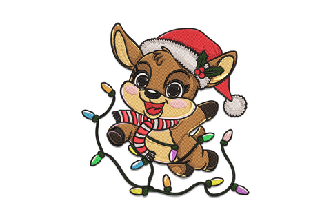 Kawaii cartoon Christmas reindeer with multicolour string lights wrapped around antlers, machine embroidery design on white fabric, 17 colours, 4 sizes from 4.5 to 7.5 inches