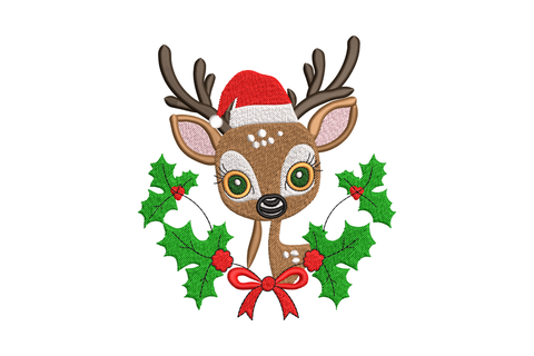 Cute reindeer face peering through a dark green holly wreath with red berries wearing a red santa hat, big green eyes and pink cheeks with red bow at the base