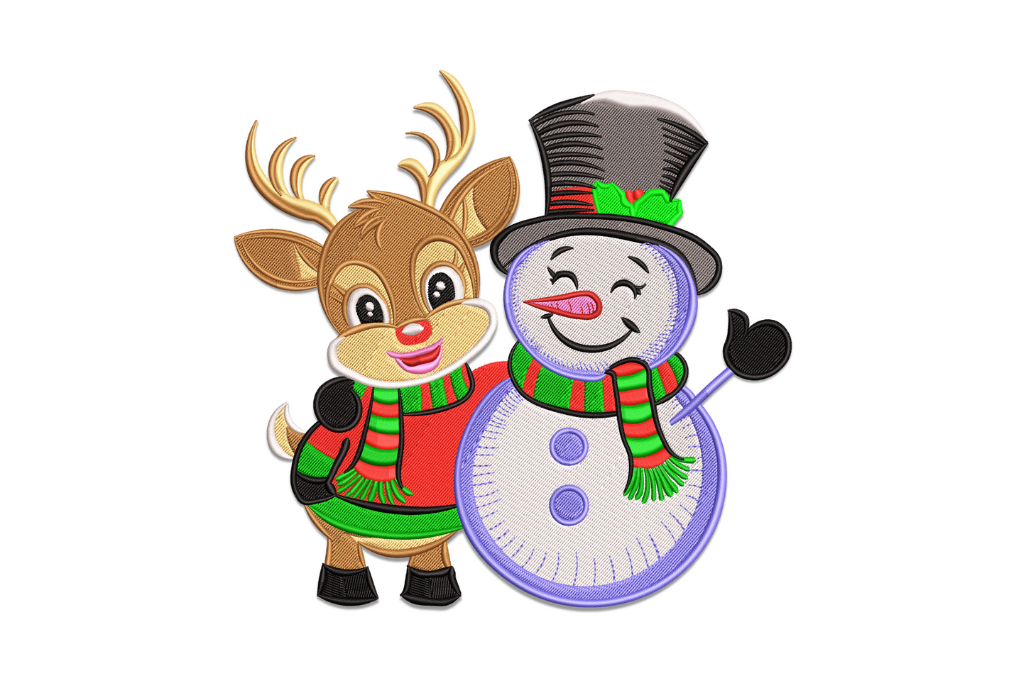 Cute Christmas reindeer and snowman embroidery design with eleven colour fills, cartoon character pair scene with festive accessories in bright holiday colours