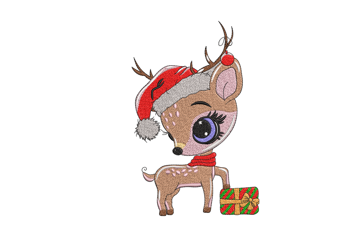 Kawaii Christmas reindeer with gift embroidery design, cute deer in Santa hat with big eyes and red scarf standing beside wrapped gift box
