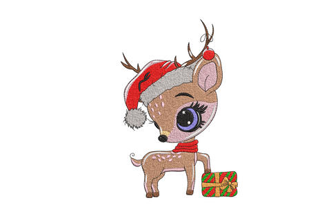 Kawaii Christmas reindeer with gift embroidery design, cute deer in Santa hat with big eyes and red scarf standing beside wrapped gift box