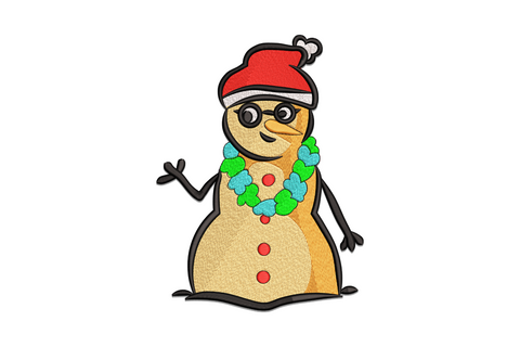 Cute cartoon Christmas snowman embroidery with red Santa hat, aqua and green garland necklace, 7 colors on sandy round body