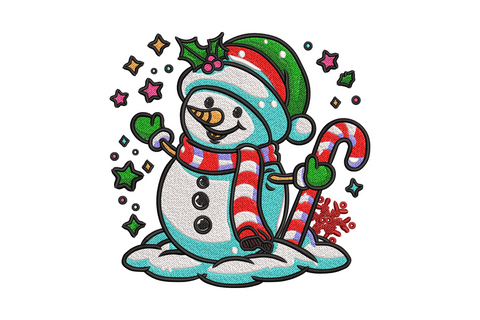Cute Christmas snowman embroidery with candy cane, green Santa hat, plaid scarf and colourful star shapes, 10 thread colours on holiday apparel