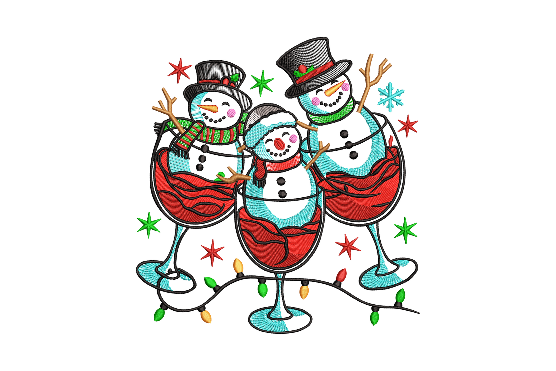 Machine embroidery of three Christmas snowmen in a row with aqua-teal scarves, carrot noses, top hats, and snowflakes