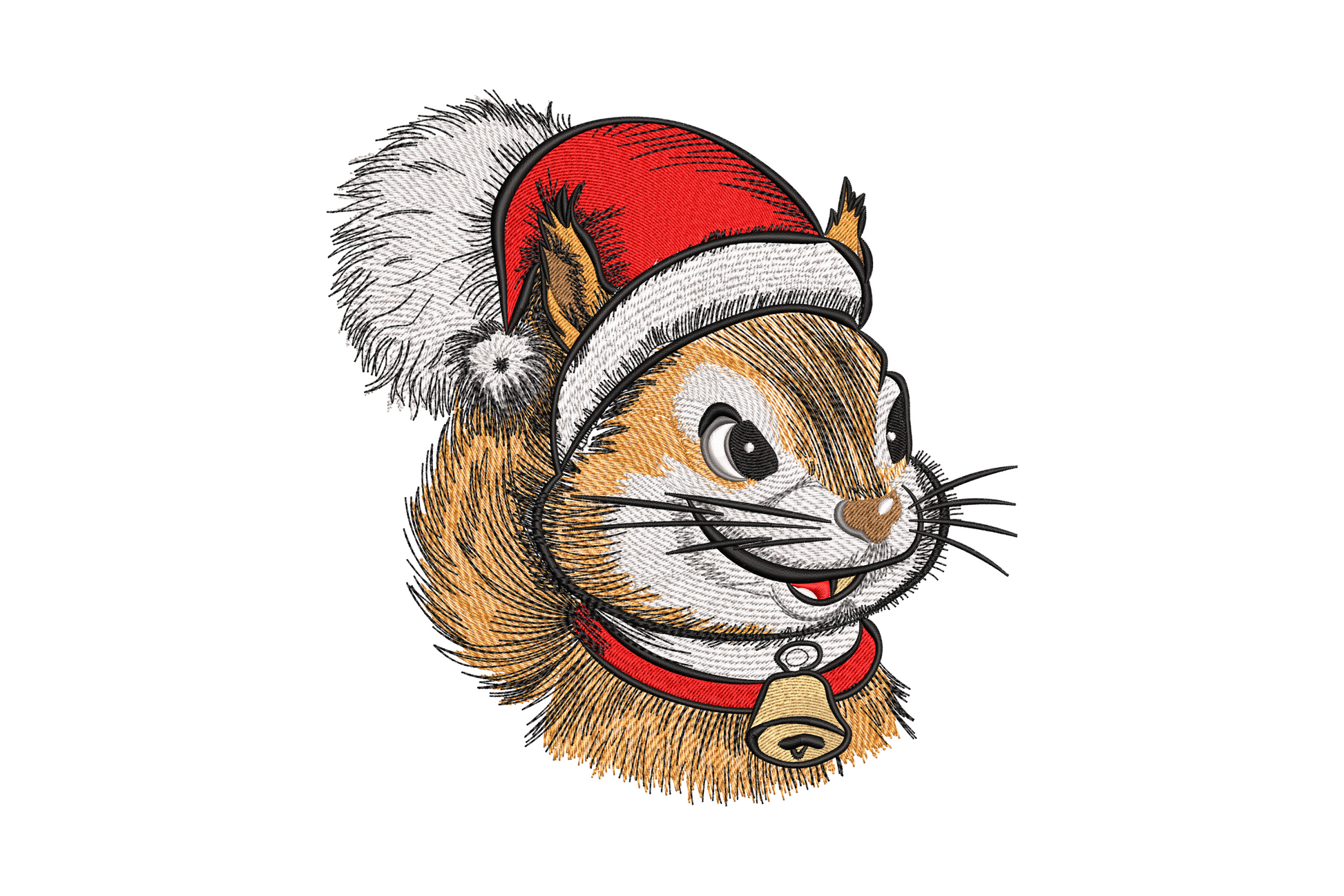 Christmas squirrel with Santa hat embroidery design, detailed fur in amber and tan, red Santa hat with white pompom, red bell collar, portrait style