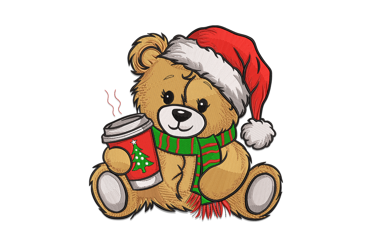 Christmas teddy bear embroidery design holding a holiday coffee cup in Santa hat and plaid scarf, 8-colour machine embroidery