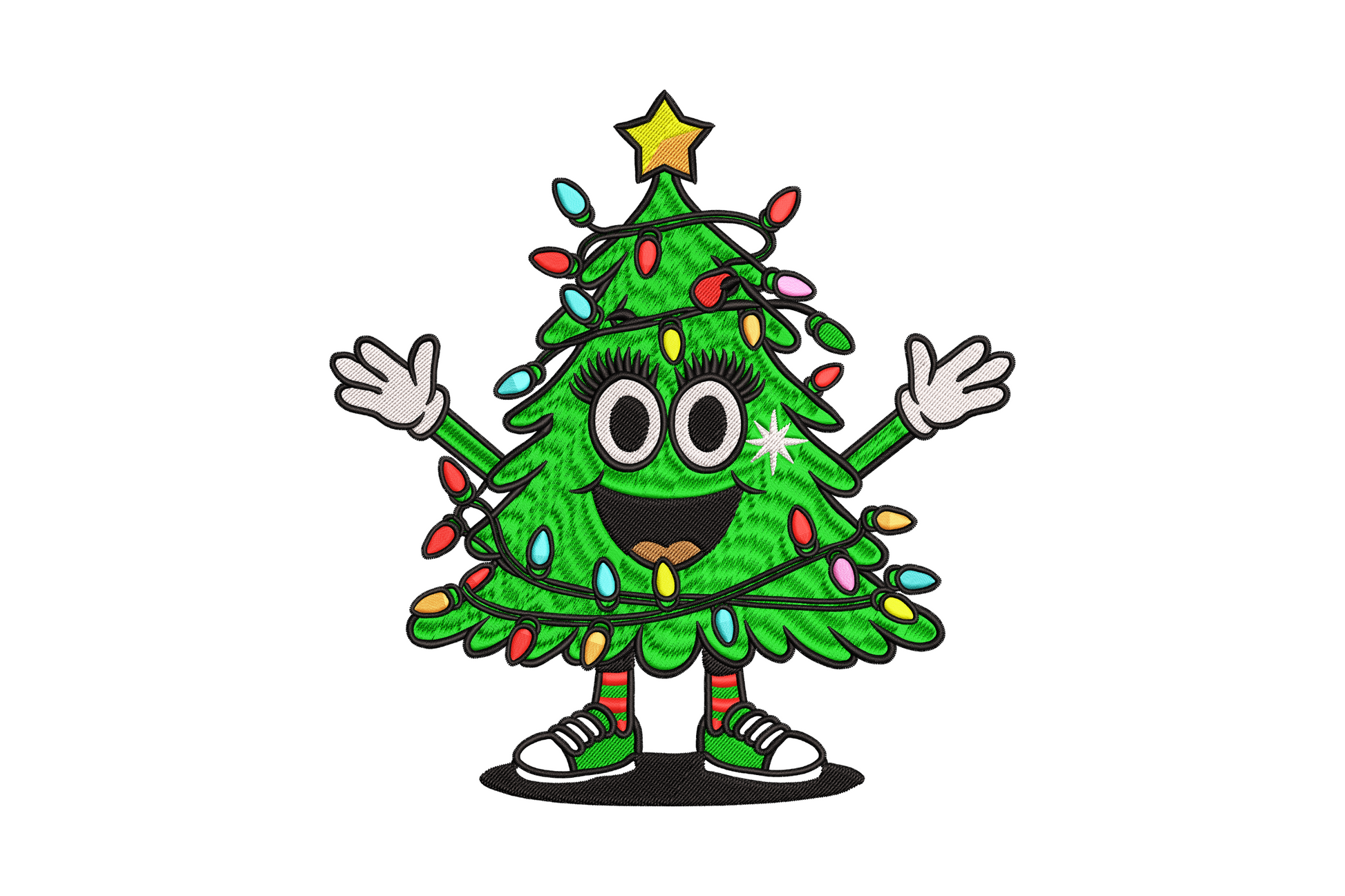 Cute Christmas tree character embroidery design with face, raised hands, multicolor lights, striped socks and sneakers, 9 colors
