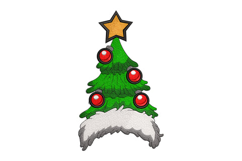 Christmas tree gnome hat embroidery design with red baubles, orange star topper, grey beard and feet below in 8 colours.