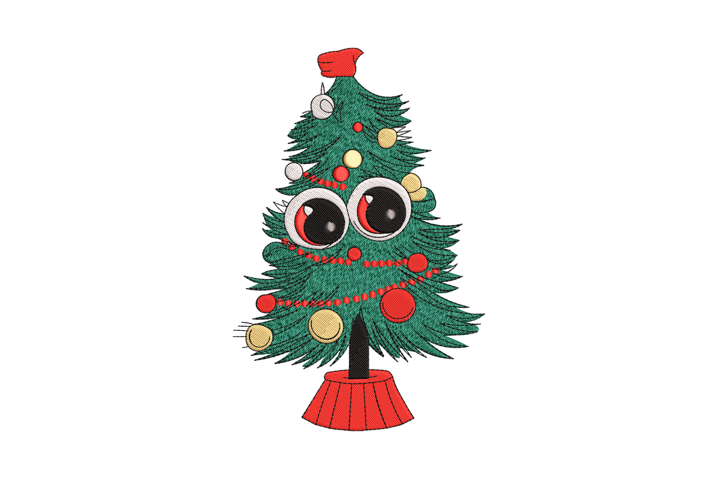 Cartoon christmas tree with two big googly eyes, red santa hat, red and gold baubles on green pine branches.