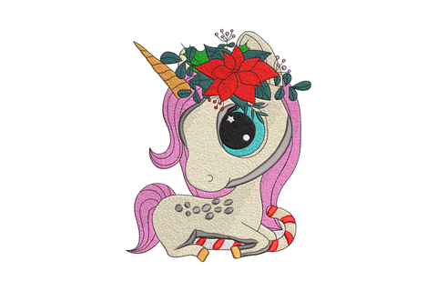 Cute Christmas unicorn with poinsettia embroidery design, Santa hat and layered pink lavender mane, 10 colours, 5 sizes
