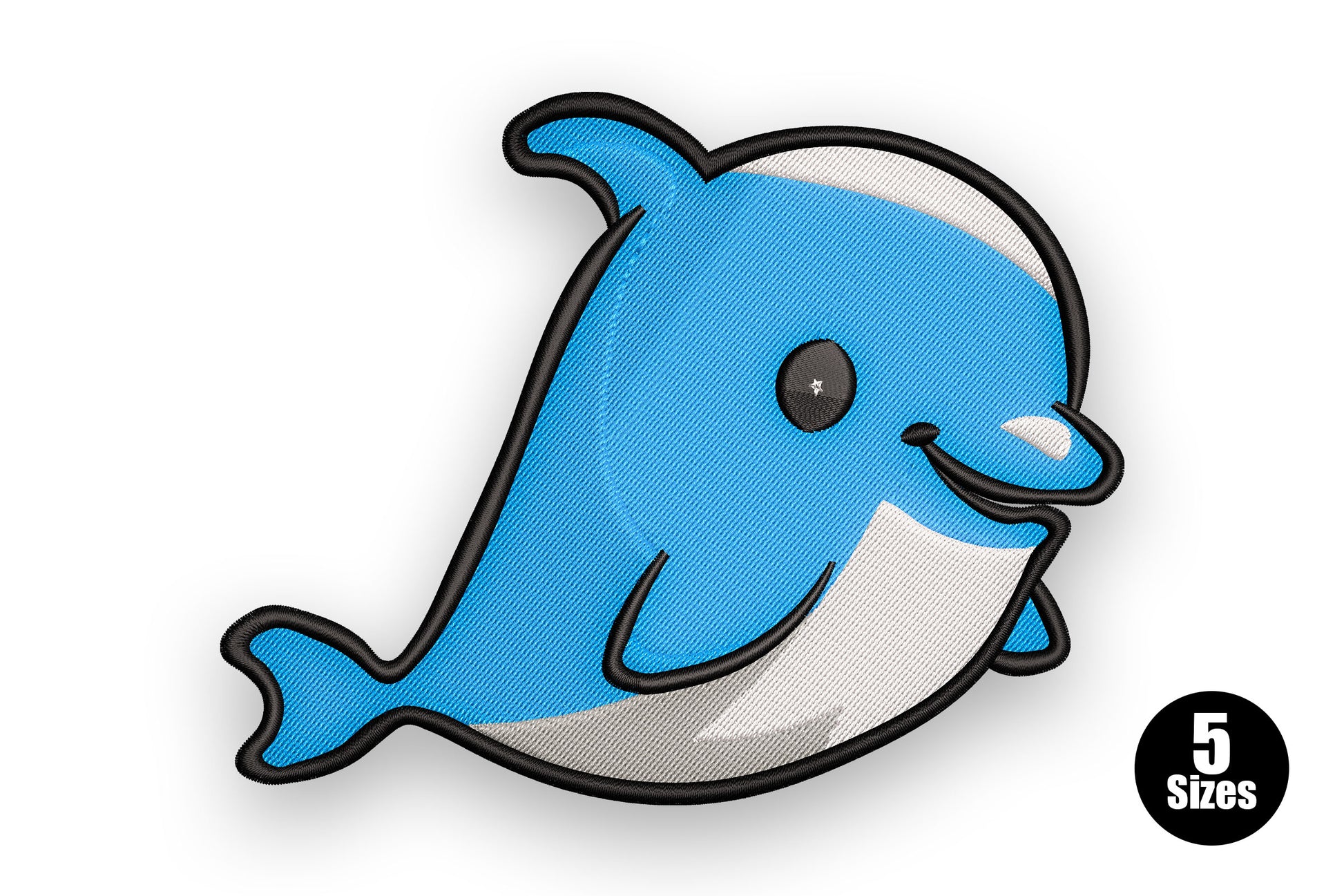 Chubby dolphin embroidery -- extra-round cartoon dolphin in sky blue, grey belly, 4 colours, kawaii style