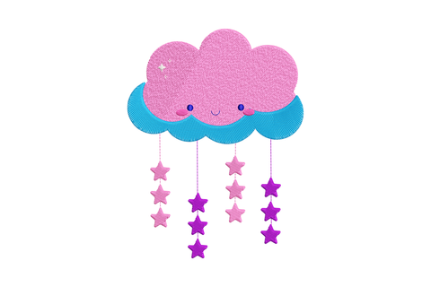 Cute pink sleeping cloud embroidery with six pastel pink and purple stars dangling on threads like a baby cot mobile.