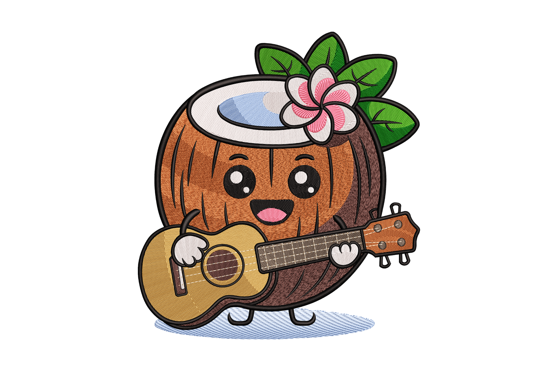 Cartoon coconut character with a flower and ukulele on a white background