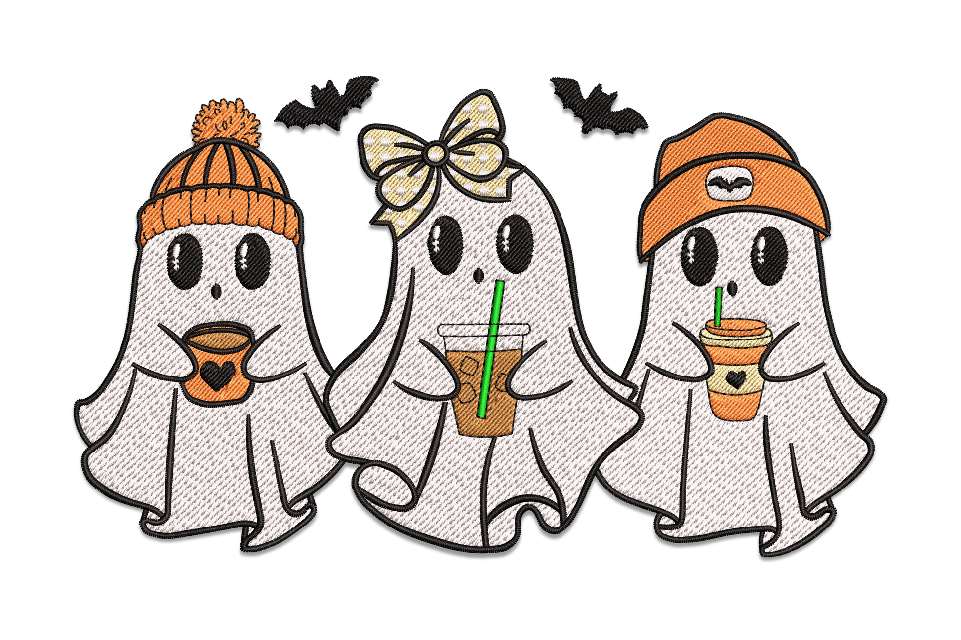 Coffee ghost trio embroidery, 3 autumn ghosts in hats holding hot and iced drinks, bats above, warm fall colours.