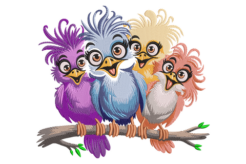 Colorful baby birds embroidery design with four fluffy cartoon chicks on a branch in purple, blue, peach and coral with wild feather tufts.