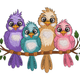 Cute Colorful Birds on Branch Embroidery Design, Machine Embroidery Pattern, Instant Download
