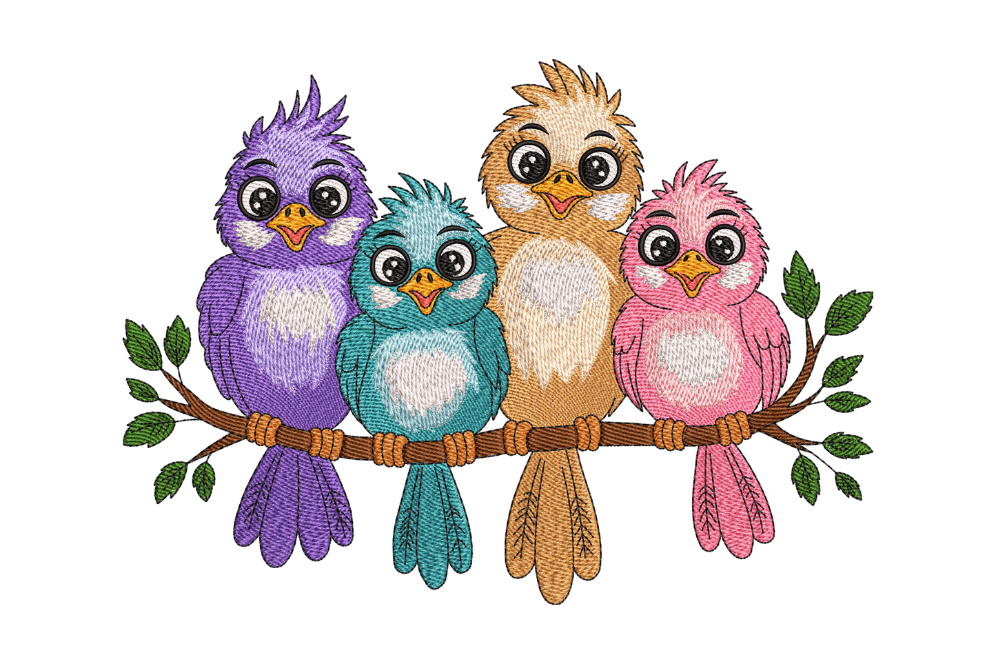 Four colorful cartoon birds sitting on a branch with leaves.
