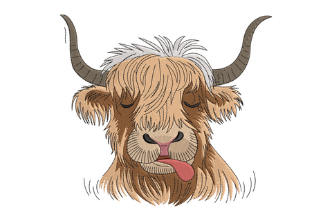 Cute cow face machine embroidery design, cartoon holstein with black and white patches, pink muzzle, and big lashed eyes
