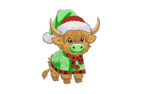 Cute highland cow Christmas embroidery design, ginger calf in green santa hat, plaid scarf, lime sweater.
