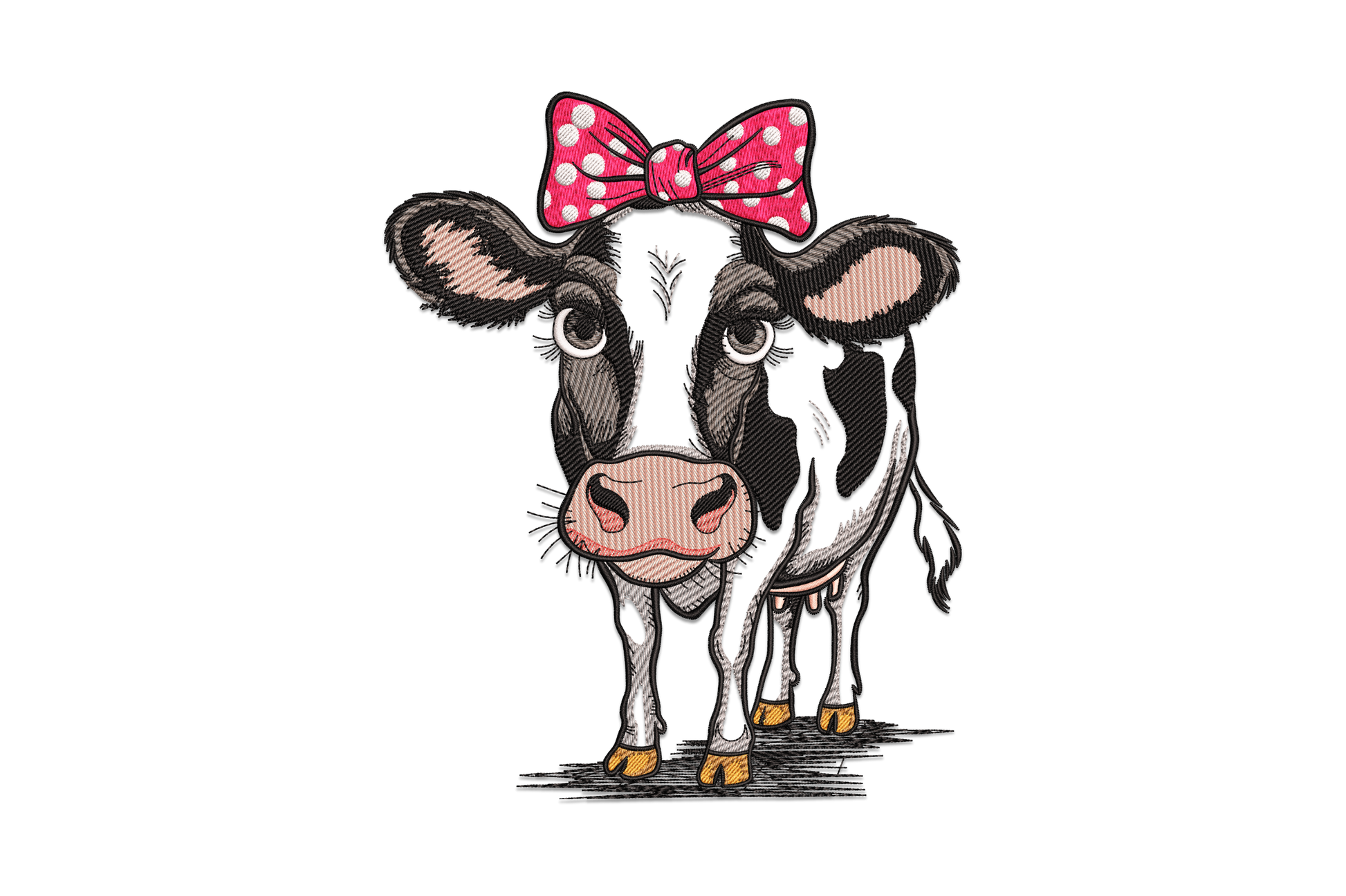 Cute cartoon cow face embroidery with big bow on head, black and white patches, pink snout, 9 thread colours on white fabric