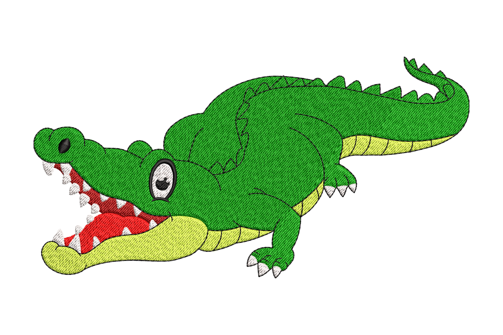 Cute cartoon crocodile machine embroidery design with open mouth, red tongue, and lime green belly in 6 colours, shown on white background