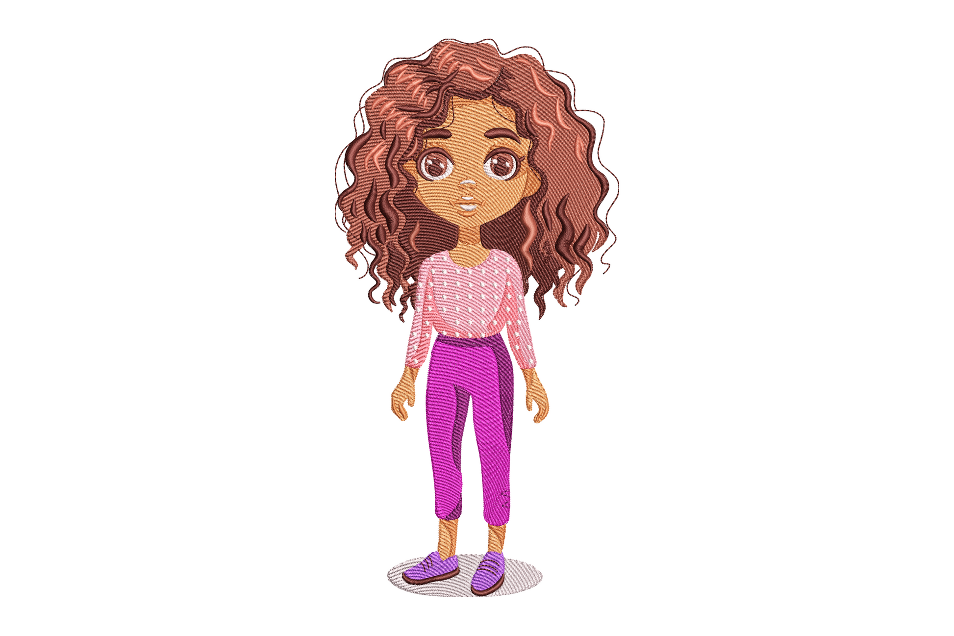 Curly hair girl embroidery design, full figure cartoon girl with big voluminous curly hair, pink top and purple trousers, 7 sizes.