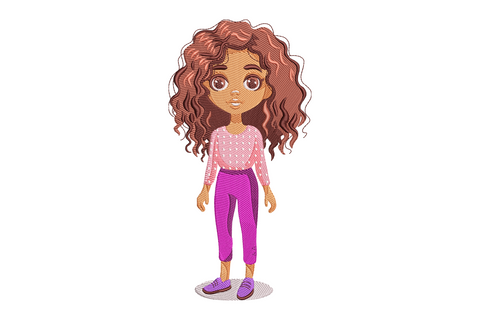 Curly hair girl embroidery design, full figure cartoon girl with big voluminous curly hair, pink top and purple trousers, 7 sizes.