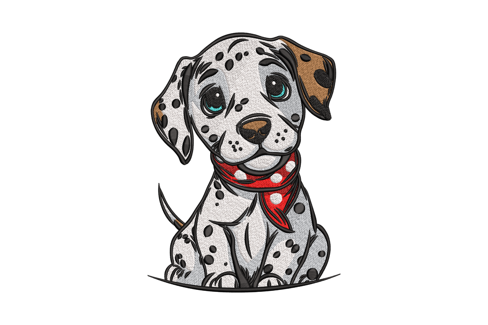 Dalmatian puppy machine embroidery design, cartoon sitting puppy with spots and red bandana, 7-color kawaii dog design