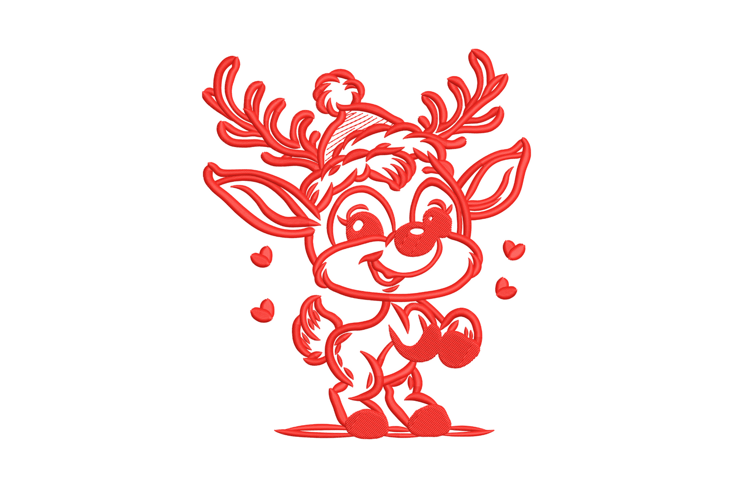Dancing reindeer embroidery design, cute full-body baby reindeer in redwork single red thread style with tiny hearts