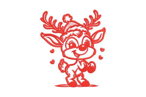 Dancing reindeer embroidery design, cute full-body baby reindeer in redwork single red thread style with tiny hearts